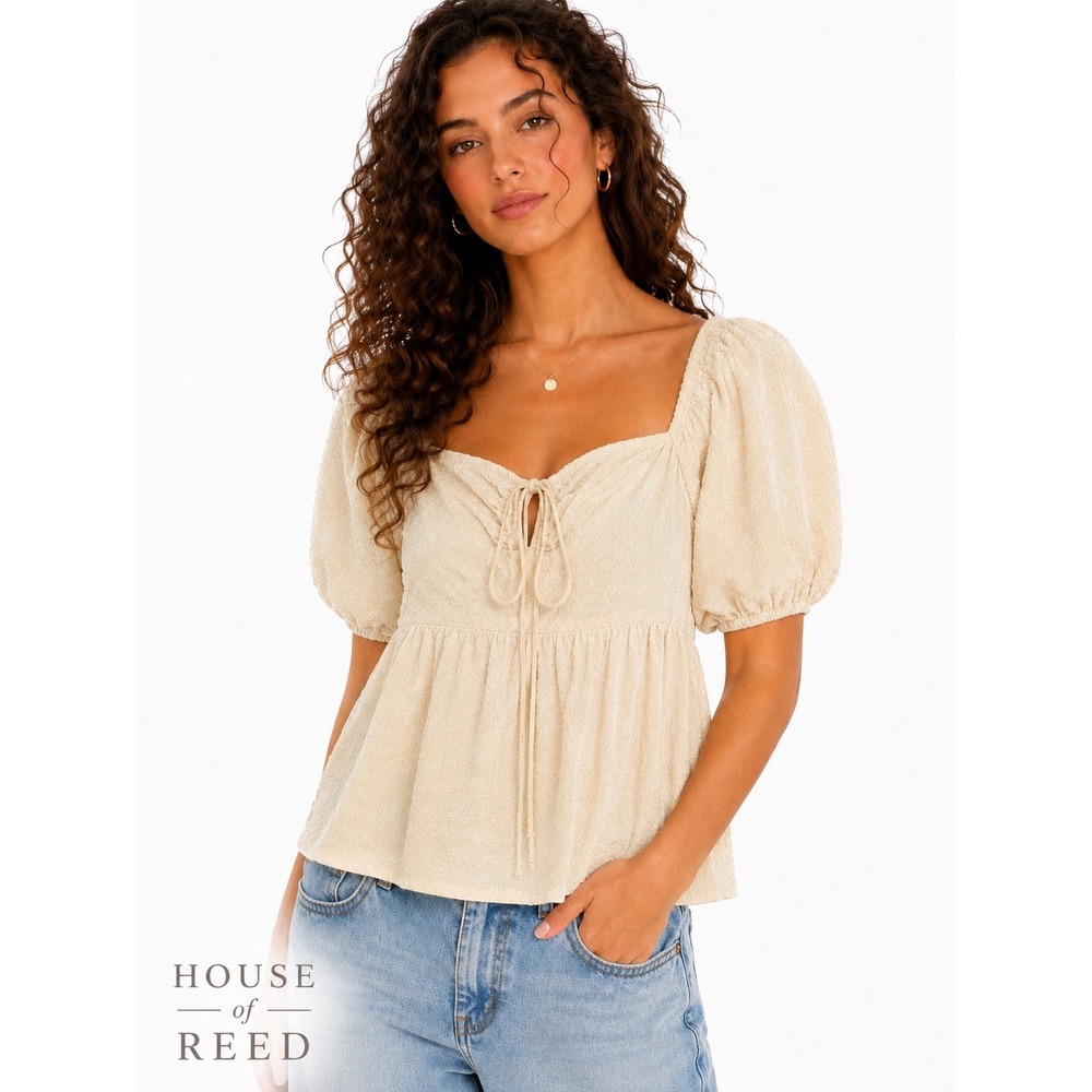 Future Collective Gabriella Karefa-Johnson Puff Sleeve Peplum Top Cream Medium